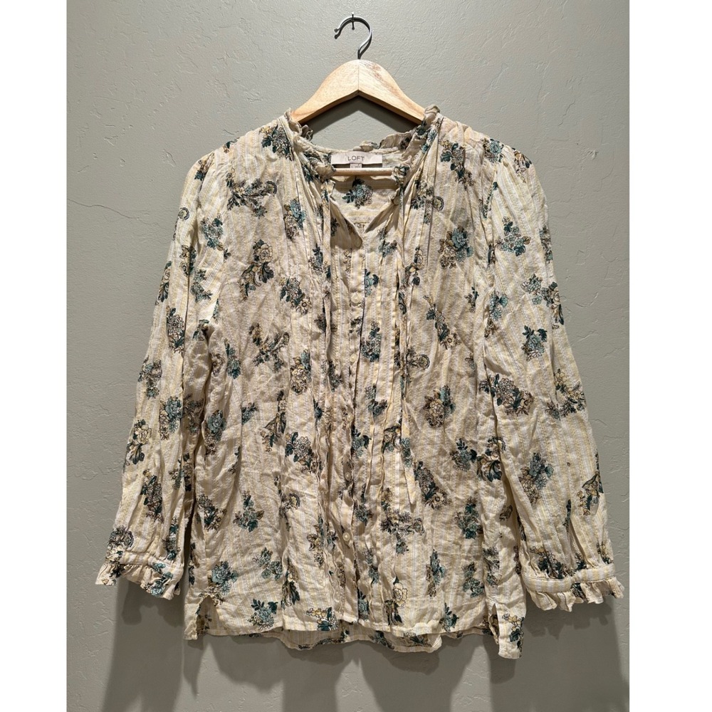 LOFT Floral Bouquet Ruffle Neck Button Front Cotton Blouse Large Peasant Boho - Picture 2 of 10